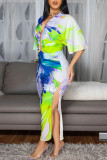 Sexy Casual Elegant Print Slit Ruched Deep V Neck Half Sleeve Two Pieces