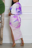 Sexy Casual Elegant Print Slit Ruched Deep V Neck Half Sleeve Two Pieces