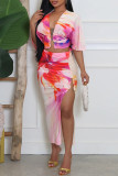 Sexy Casual Elegant Print Slit Ruched Deep V Neck Half Sleeve Two Pieces