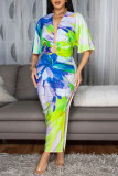 Sexy Casual Elegant Print Slit Ruched Deep V Neck Half Sleeve Two Pieces