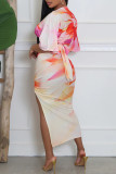 Sexy Casual Elegant Print Slit Ruched Deep V Neck Half Sleeve Two Pieces