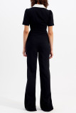 Casual Patchwork Contrast Turndown Collar Regular Jumpsuits