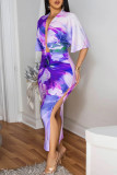 Sexy Casual Elegant Print Slit Ruched Deep V Neck Half Sleeve Two Pieces