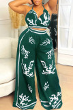 Sexy Casual Print Backless Belted Halter Sleeveless Two Pieces