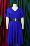 Elegant Solid Color With Belt Ruffled Trim V Neck Long Dresses