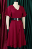 Elegant Solid Color With Belt Ruffled Trim V Neck Long Dresses