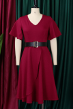 Elegant Solid Color With Belt Ruffled Trim V Neck Long Dresses
