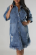 Casual Daily Solid Color Fringed Trim Ripped Buckle Turndown Collar Denim Plus Size Dresses