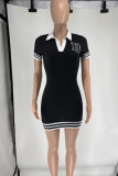 Casual Letters Patchwork Turndown Collar Wrapped Skirt Dresses