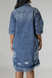 Casual Daily Solid Color Fringed Trim Ripped Buckle Turndown Collar Denim Plus Size Dresses