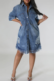 Casual Daily Solid Color Fringed Trim Ripped Buckle Turndown Collar Denim Plus Size Dresses