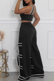 Casual Pocket Strap Design Contrast Loose Mid Waist Conventional Patchwork Bottoms