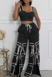 Casual Pocket Strap Design Contrast Loose Mid Waist Conventional Patchwork Bottoms