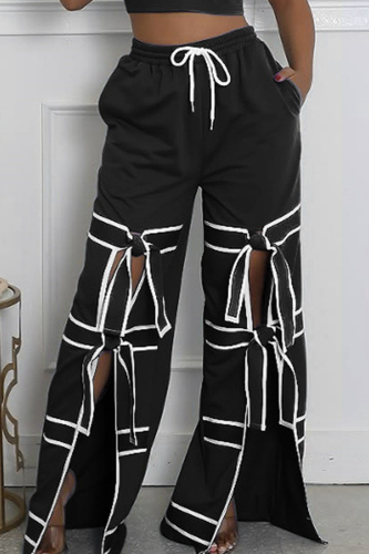 Casual Pocket Strap Design Contrast Loose Mid Waist Conventional Patchwork Bottoms