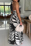Casual Print Buttons Backless Belted Halter Sleeveless Two Pieces