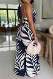Casual Print Buttons Backless Belted Halter Sleeveless Two Pieces