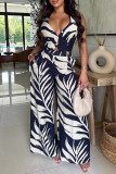 Casual Print Buttons Backless Belted Halter Sleeveless Two Pieces