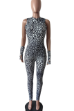 Sexy Leopard Print Patchwork Turtleneck Skinny Jumpsuits