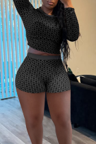 Sexy Print Patchwork O Neck Long Sleeve Two Pieces