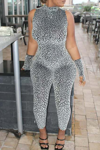 Sexy Leopard Print Patchwork Turtleneck Skinny Jumpsuits
