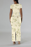 Casual Floral Print Butterfly Slit Contrast O Neck Printed Short Sleeve Dress