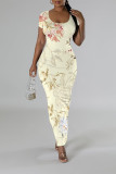 Casual Floral Print Butterfly Slit Contrast O Neck Printed Short Sleeve Dress