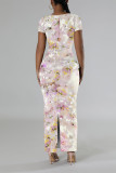 Casual Floral Print Butterfly Slit Contrast O Neck Printed Short Sleeve Dress
