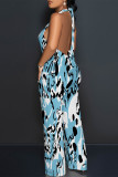 Sexy Geometric Camouflage Print Pocket Lace Up Backless Contrast Halter Loose Jumpsuits