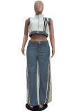 Casual Daily Stripe Patchwork Zipper Collar Sleeveless Two Pieces