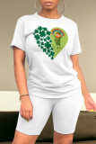 Casual Skull Ombre Rainbow Print Four Leaf Clover O Neck Short Sleeve Two Pieces