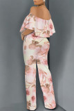 Casual Floral Print Pocket Flounce Contrast Off Shoulder Jumpsuits