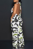 Sexy Geometric Camouflage Print Pocket Lace Up Backless Contrast Halter Loose Jumpsuits