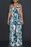 Sexy Geometric Camouflage Print Pocket Lace Up Backless Contrast Halter Loose Jumpsuits