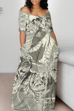 Sexy Geometric Print Pocket Contrast V Neck Printed Dresses