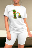 Casual Skull Ombre Rainbow Print Four Leaf Clover O Neck Short Sleeve Two Pieces