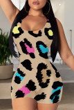 Casual Leopard Print Contrast U Neck Skinny Rompers