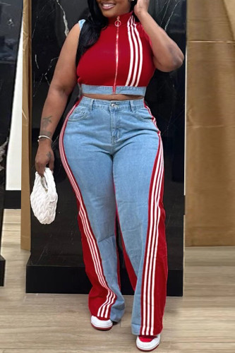 Casual Daily Stripe Patchwork Zipper Collar Sleeveless Two Pieces