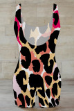 Casual Leopard Print Contrast U Neck Skinny Rompers