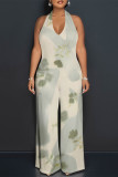 Sexy Geometric Camouflage Print Pocket Lace Up Backless Contrast Halter Loose Jumpsuits