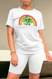 Casual Skull Ombre Rainbow Print Four Leaf Clover O Neck Short Sleeve Two Pieces