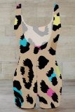 Casual Leopard Print Contrast U Neck Skinny Rompers