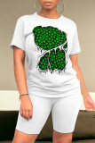 Casual Skull Ombre Rainbow Print Four Leaf Clover O Neck Short Sleeve Two Pieces