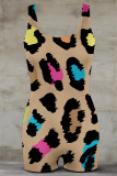 Casual Leopard Print Contrast U Neck Skinny Rompers