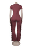 Casual Solid Tassel Patchwork V Neck Skinny Jumpsuits