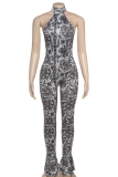 Sexy Print Backless O Neck Skinny Jumpsuits