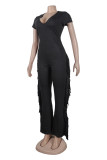 Casual Solid Tassel Patchwork V Neck Skinny Jumpsuits