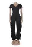Casual Solid Tassel Patchwork V Neck Skinny Jumpsuits