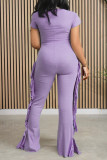 Casual Solid Tassel Patchwork V Neck Skinny Jumpsuits