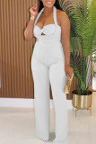 Sexy Casual Solid Color Hollow Out Patchwork Backless Halter Regular Jumpsuits