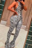 Sexy Print Backless O Neck Skinny Jumpsuits